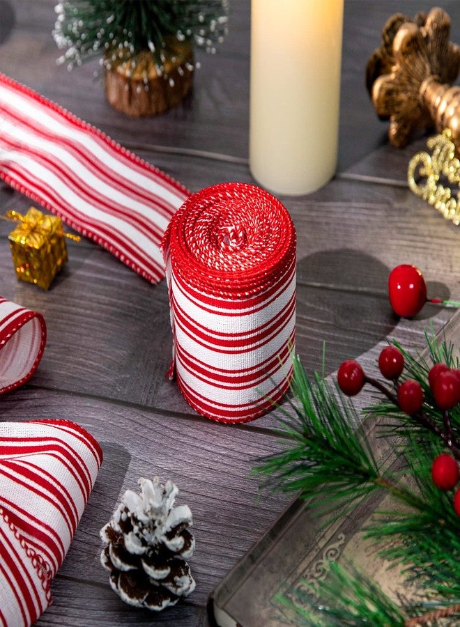 Whaline 2 Rolls Christmas Wired Edge Ribbon Christmas White Red Striped Fabric Ribbon Farmhouse Craft Ribbon for DIY Gift Wrapping Wreath Floral Arrangement Bow Decoration,2.5 Inch x 12 Yard - Image 4